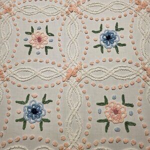 Vtg Chenille Bedspread Full/Queen White Pink & Blue Flowers Fringed 95"x95"